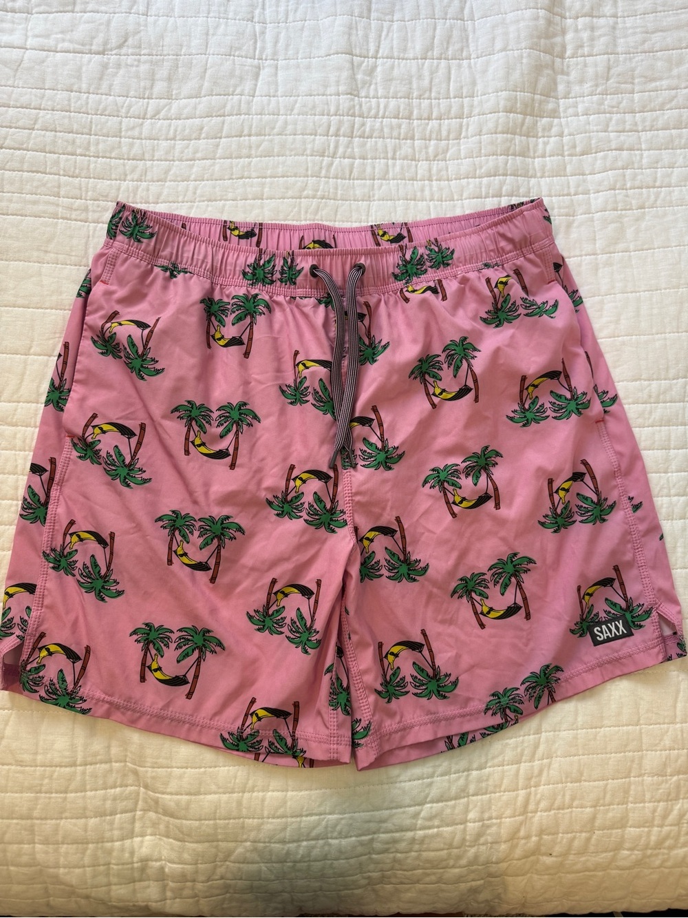 Saxx Pink Swim Trunks with Green Palm Tree & Yellow Hammock Print